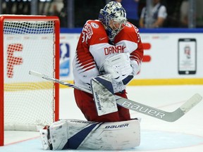 Denmark's Frederik Andersen makes a save during a Group B match between Denmark and Latvia at the Jyske Bank Boxen arena in Herning, Denmark, on May 15, 2018