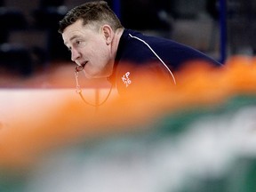 Coach Derek Laxdal watches an Oil Kings WHL practice at Rexall Place on April 29, 2014