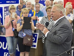 Ontario PC leader Doug Ford speaks to supporters during a visit to Brantford-Brant riding candidate Will Bouma's campaign office on May 24, 2018 in Brantford, Ont. (Brian Thompson/Brantford Expositor/Postmedia Network)