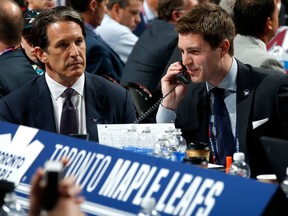 Brendan Shanahan, left, and Kyle Dubas during the 2015 NHL draft