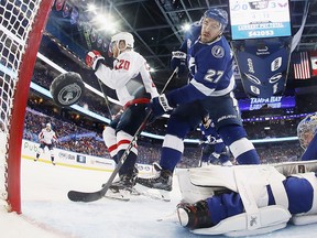 Lars Eller of the Washington Capitals scores a second period goal against the Tampa Bay Lightning in Game 1 of the Eastern Conference Finals during the 2018 NHL Stanley Cup Playoffs at the Amalie Arena on May 11, 2018 in Tampa, Fla.