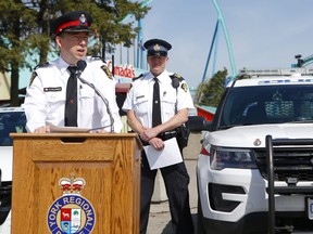 Officers from police services across Ontario kicked off Project ERASE, Eliminate Racing Activity on Streets Everywhere, out front of Canada's Wonderland on Wednesday, May 9, 2018. (Left to Right) York Regional Police Insp. Ed Villamere, OPP Staff-Sgt. Chuck Kaizer and York Regional Police Sgt. Karen Hodge spoke about the dangers of street racing during the news conference.
