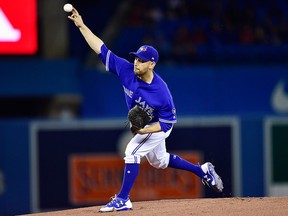 Toronto Blue Jays starting pitcher Marco Estrada delivers a pitch to home plate against the Oakland Athletics during first inning American League baseball action in Toronto on Friday, May 18, 2018. THE CANADIAN PRESS/Frank Gunn