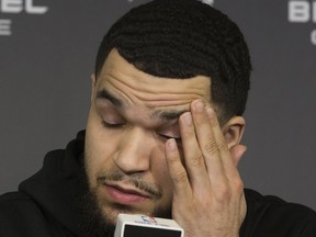 Fred VanFleet speaks to the media  on May 8, 2018 after the Toronto Raptors were eliminated by the Cleveland Cavaliers