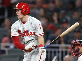 Outfielder Rhys Hoskins of the Philadelphia Phillies has found the going a little tougher in his second season.  (Mike Zarrilli/Getty Images)