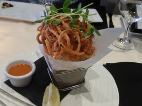 buttermilk fried calamari with miso citrus dip and shoestring fried zucchini