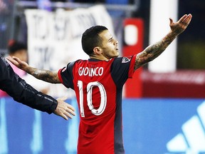 Toronto FC's Sebastian Giovinco (10) reacts after being given a red card during the second half of an MLS soccer game against the New England Revolution in Foxborough, Mass., Saturday, May 12, 2018. (AP Photo/Michael Dwyer)