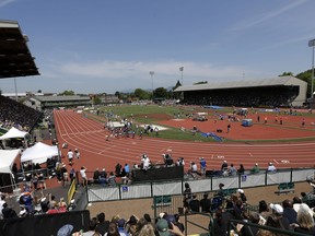 Hayward Field is seen during the Prefontaine Classic track and field meet in Eugene, Oregon on May 30, 2015. (AP Photo/Don Ryan)