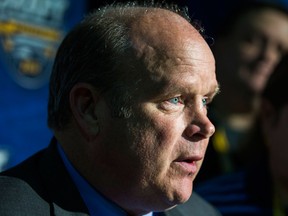 Mark Hunter talks to the media during the NHL draft at First Niagara Centre in Buffalo on June 25, 2016