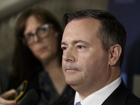 United Conservative Party leader Jason Kenney responds to the Speech from the Throne during a media scrum at the Alberta Legislature in Edmonton, Alberta on March 8, 2018. (Ian Kucerak/Postmedia Network)