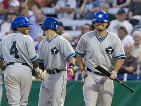 Toronto Maple Leafs' Justin Marra (right) smacked a grand slam as his team fell to the Kitchener Panthers in IBL action on Thursday, May 24, 2018.