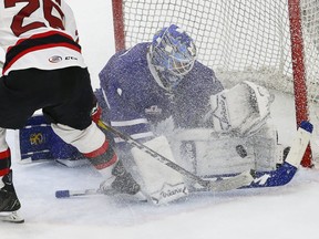 Toronto Marlies goalie Kasimir Kaskisuo makes a save during overtime against the Albany Devils on April 28, 2017