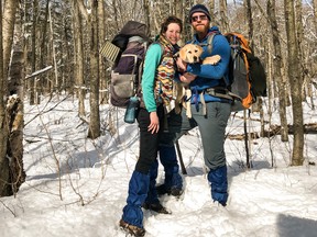 Kaydi Pyette and Geoff Whitlock - foster parents of Aspen, guide dog in training, while out on a romp through Kilarney Park