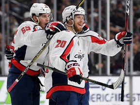 Lars Eller of the Washington Capitals is congratulated by teammates Andre Burakovsky and John Carlson after scoring against the Vegas Golden Knights at T-Mobile Arena on May 30, 2018 in Las Vegas. (Harry How/Getty Images)