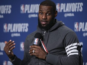 Cavaliers star LeBron James speaks about his 43 points he scored against the Raptors after Game 2 of their NBA playoff series in Toronto, Thursday, May 3, 2018.