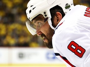 Alex Ovechkin #8 of the Washington Capitals waits for a third period face-off while playing the Pittsburgh Penguins in Game Six of the Eastern Conference Second Round during the 2018 NHL Stanley Cup Playoffs at PPG Paints Arena on May 7, 2018 in Pittsburgh, Pennsylvania.  (Photo by Gregory Shamus/Getty Images)