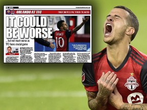Toronto FC forward Sebastian Giovinco reacts after being fouled by a Seattle Sounders FC player during first half MLS soccer action in Toronto on Wednesday, May 9, 2018. THE CANADIAN PRESS/Frank Gunn