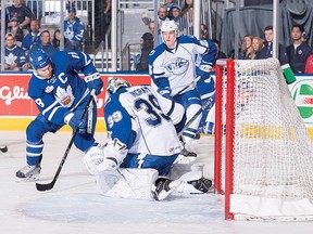 Marlies captain Ben Smith tries to score on Syracuse Crunch goaltender Connor Ingram Saturday night.  (Christian Bonin/Photo)