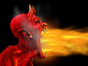 Satan flames on a black background as demon fire blaze as a creepy scary red horned satanic beast monster breathing out hot burning torch as a halloween or horror symbol with 3D illustration elements.