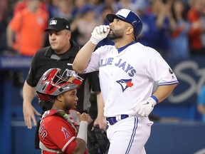 Kendrys Morales of the Toronto Blue Jays celebrates after hitting a two-run home run in the first inning against the Los Angeles Angels of Anaheim at Rogers Centre on May 22, 2018 in Toronto. (Tom Szczerbowski/Getty Images)