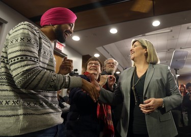 Ontario NDP Leader Andrea Horwath shakes hands with supporters as she unveils her partys platform at Toronto Western Hospital, BMO Education and Conference Centre in Toronto, Ont. on Monday April 16, 2018. Dave Abel/Toronto Sun/Postmedia Network