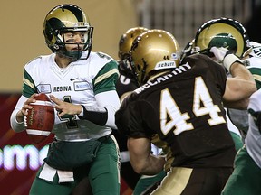Regina Rams QB Noah Picton stands in against pressure from the Manitoba Bisons at Investors Group Field in Winnipeg on Fri., Oct. 2, 2015. (Kevin King/Winnipeg Sun)