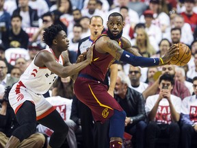 Toronto Raptors' OG Anunoby defends against Cleveland Cavaliers' LeBron James during Game 1 of the Eastern Conference Semifinals at the Air Canada Centre in Toronto on Tuesday, May 1, 2018. (Ernest Doroszuk/Toronto Sun)