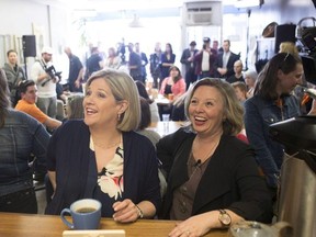 Ontario NDP Leader Andrea Horwath (left) and Marit Stiles, NDP candidate for Toronto’s Davenport riding, order a coffee at a campaign event in Toronto on Wednesday, May 9 , 2018.