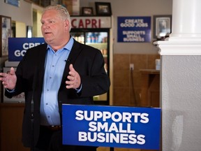 Ontario PC leader Doug Ford makes an announcement at Capri Pizza during a campaign stop in Cambridge, Ont., on Thursday, May 17, 2018. Andrew Ryan/The  Canadian Press