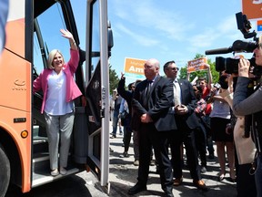 Provincial NDP leader Andrea Horwath is last off the bus before the start of an NDP rally in Brampton, Monday, May 21, 2018. Galit Rodan/The Canadian Press