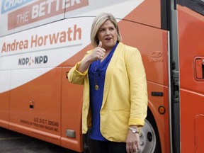 Ontario NDP Leader Andrea Horwath gives a thumbs up during a campaign stop in Brampton, Ont., on Saturday, May 26, 2018. Cole Burston/The Canadian Press