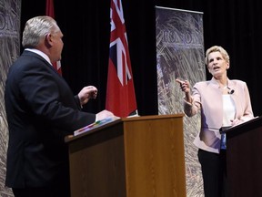 (left to right) Ontario PC Leader Doug Ford, Ontario Liberal Leader Kathleen Wynne and Ontario NDP Leader Andrea Horwath take part in the second of three leaders' debate in Parry Sound, Ont., on Friday, May 11, 2018. (THE CANADIAN PRESS/Nathan Denette)