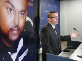 Toronto Police Det.-Sgt.  Gary Giroux briefs the media at Toronto Police Headquarters of the ongoing investigation into the murder of Tariq Mohammed, 31, shot down at a downtown Toronto restaurant on November 16th, 2014.  Monday November 24, 2014. Stan Behal/Toronto Sun/QMI Agency