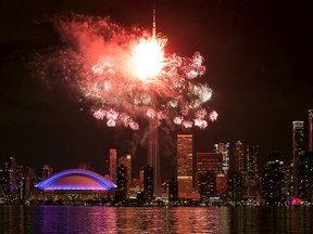 Toronto Skyline lights up in fireworks during the opening ceremonies of the 2015 Pan Am Games in Toronto on Friday July 10, 2015.