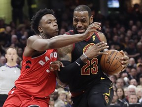 Cleveland Cavaliers' LeBron James drives on Toronto Raptors' OG Anunoby during the first half of Game 3 of an NBA basketball second-round playoff series Saturday, May 5, 2018, in Cleveland. (AP Photo/Tony Dejak)