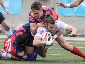 Toronto Wolfpack's Liam Kay carries the ball forward against Oxford during their 62-12 win in their inaugural home opener in Kingstone Press League 1 Rugby action in Toronto on May 6, 2017