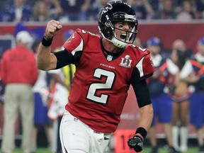 In this Feb. 5, 2017, file photo, Atlanta Falcons' Matt Ryan celebrates after a touchdown during the second half of the NFL Super Bowl 51 football game against the New England Patriots in Houston