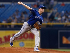 Toronto Blue Jays starter Aaron Sanchez  pitches during the first inning of a game against the Tampa Bay Rays on May 5, 2018 at Tropicana Field in St. Petersburg, Fla.  (Brian Blanco/Getty Images)