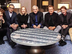 This undated image released by Netflix shows director Martin Scorsese, center, with the cast of the Canadian sketch comedy show "SCTV" from left, Andrea Martin, Eugene Levy, Catherine O'Hara, Dave Thomas, Martin Short and Joe Flaherty. THE CANADIAN PRESS/HO - Netflix