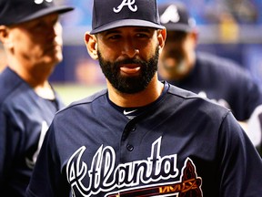 Jose Bautista of the Atlanta Braves celebrates after a victory over the Tampa Bay Rays on May 8, 2018 at Tropicana Field