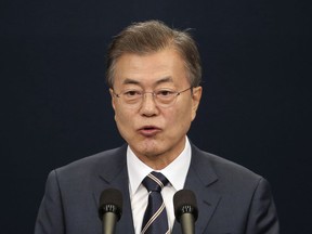 South Korean President Moon Jae-in speaks during a press conference at the presidential Blue House in Seoul, South Korea, Sunday, May 27, 2018.