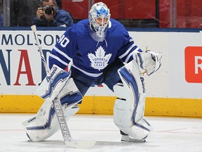 Garret Sparks of the Toronto Maple Leafs warms up prior to action against the Montreal Canadiens in an NHL game at the Air Canada Centre on March 17, 2018