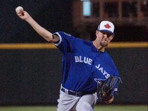 Toronto Blue Jays right-handed pitcher Deck McGuire takes part in a spring training game on March 22, 2018 in Bradenton, Fla. McGuire was called up by the Blue Jays on May 13, 2018. (EDDIE MICHELS/Photo)