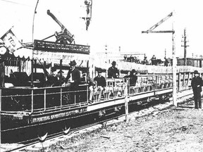 Visitors to the 1884 edition of the Toronto Industrial Exhibition (now the CNE) were particularly intrigued by the experimental electric railway on which Belgian-born American inventor Charles Vandepoele and Toronto’s John Joseph Wright collaborated. A similar experiment the previous year utilized a third rail (similar to today’s subway system) to collect the electricity needed to power the vehicle’s small motor which in turn connected to the steel wheels that propelled the rudimentary train along the steel rails. The dangers inherent in this type of current collection for street railways operating on busy city streets soon had the inventors searching for other safer methods. It was at the fair of 1884 that the trolley pole, wheel and overhead wire combination was used successfully and while many American cities claim to be the first with street operations using this method, it’s almost certain that the concept, albeit experimental and in a confined area within the industrial exhibition grounds, was the first to introduce the now common trolley pole and overhead wire to the general public.