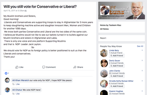 NDP candidate Taleem Riaz’s Facebook post from 2011. (Supplied)