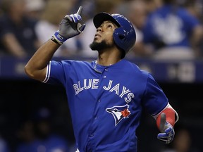 Toronto Blue Jays' Teoscar Hernandez gestures after his home run off Tampa Bay Rays starting pitcher Jacob Faria during the fourth inning on May 5, 2018, in St. Petersburg, Fla. (CHRIS O'MEARA/AP)