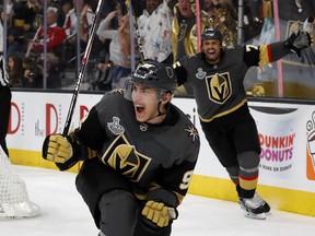 Vegas Golden Knights left wing Tomas Nosek celebrates his game-winning goal in Game 1 of  the Stanley Cup final versus Washington on Monday. (AP PHOTO)