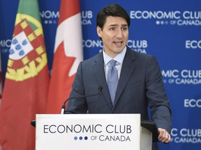 Prime Minister Justin Trudeau speaks at the Economic Club of Canada in Toronto on May 4, 2018. (THE CANADIAN PRESS/Nathan Denette)