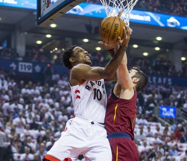 Toronto Raptors DeMar DeRozan during 1st half action against Cleveland Cavaliers Kevin Love in Eastern Conference Semifinals at the Air Canada Centre at the Air Canada Centre in Toronto, Ont. on Tuesday May 1, 2018. Ernest Doroszuk/Toronto Sun/Postmedia Network