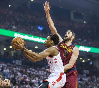 Toronto Raptors DeMar DeRozan during 1st half action against Cleveland Cavaliers Kevin Love in Eastern Conference Semifinals at the Air Canada Centre at the Air Canada Centre in Toronto, Ont. on Tuesday May 1, 2018. Ernest Doroszuk/Toronto Sun/Postmedia Network